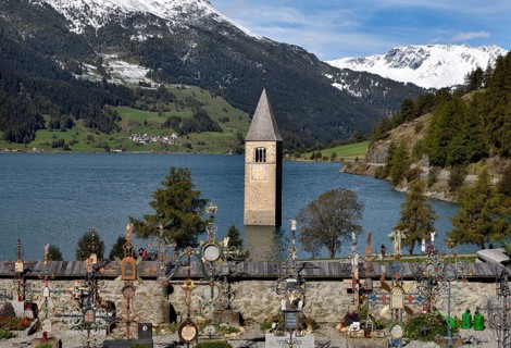 Tower of the parish church of St. Catherine in the Reschensee