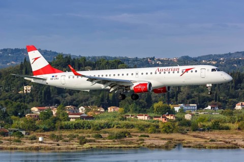 An Embraer 195 aircraft of Austrian Airlines with registration number OE-LWJ at Corfu Airport