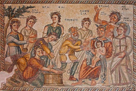 Mosaicn The scene represents the moment at which baby Dionysos