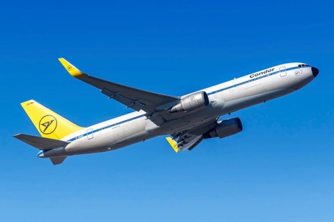 A Boeing 767-300ER aircraft of Condor with registration D-ABUM in the retro special livery at Frankfurt Airport