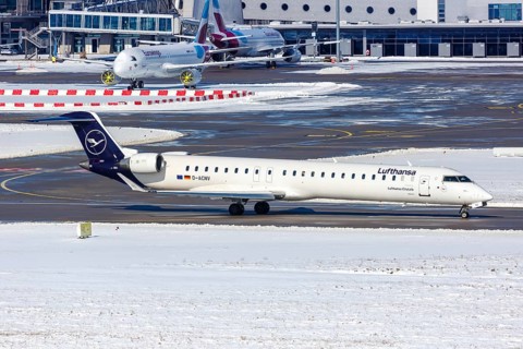 A Bombardier CRJ-900 aircraft of Lufthansa CityLine with registration number D-ACNV at Stuttgart Airport