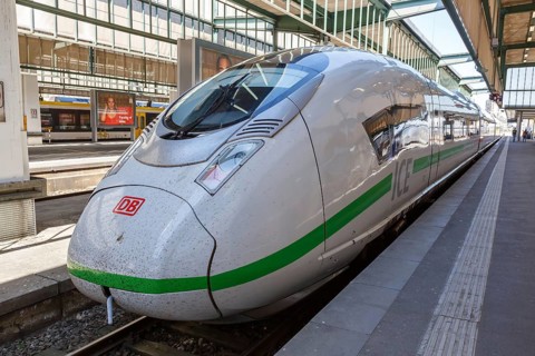 ICE 3 Velaro D train multiple unit locomotive green power in Stuttgart station