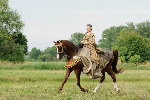 Rider with historical dress on trotting Arabian Thoroughbred stallion