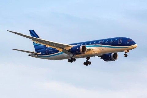 A Boeing 787-8 Dreamliner aircraft of Azerbaijan Airlines AZAL with registration VP-BBR at London Heathrow Airport