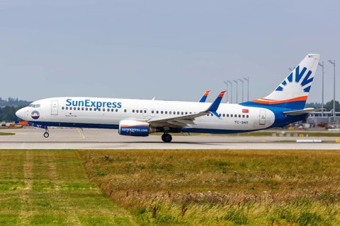 A Boeing 737-800 aircraft of SunExpress with registration TC-SNT at Munich Airport