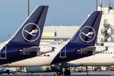 Airbus tail units of Lufthansa with the crane logo at Frankfurt Airport
