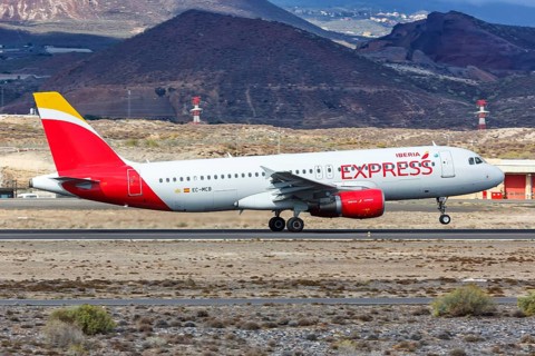 An Airbus A320 aircraft of Iberia Express with registration number EC-MCB at Tenerife South Airport