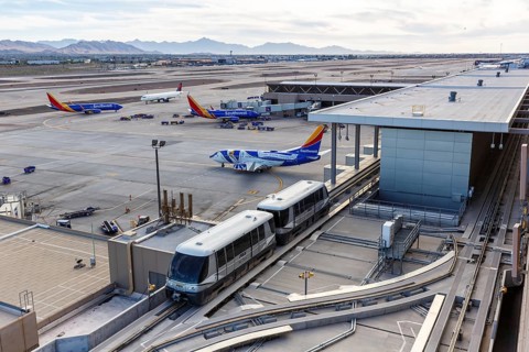 Boeing 737 aircraft of Southwest Airlines and PHX Sky Train at Phoenix Airport