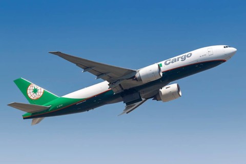 A Boeing 777-F aircraft of Eva Air Cargo with registration number B-16781 at Hong Kong Airport