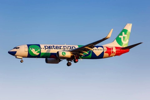 A Transavia Boeing 737-800 with the registration number PH-HSI with the special livery Peter Pan at Athens Airport