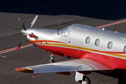 Pilatus PC-12/47E single-engine turboprop business jet at the Jet Aviation Executive Terminal