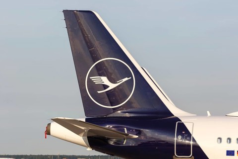 A Lufthansa Airbus tail unit with the crane logo at Frankfurt Airport