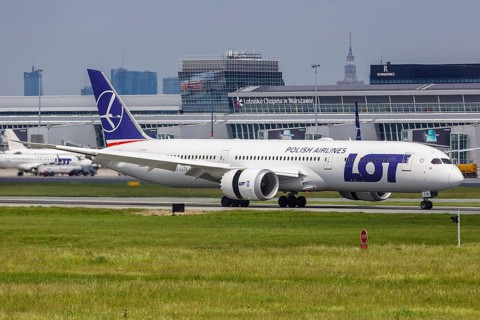 A Boeing 787-9 Dreamliner aircraft of LOT Polskie Linie Lotnicze with registration SP-LSD at Warsaw Airport