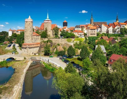 View over the river Spree to the historical old town with Burgwasserturm