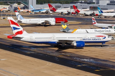 A British Airways Boeing 777-200ER with registration number G-VIIO at London Gatwick Airport
