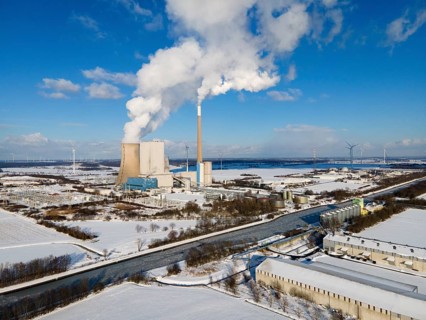 Drone image of the Mehrum coal-fired power plant on the Mittelland canal