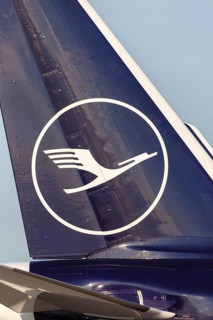 A Lufthansa Airbus tail unit with the crane logo at Frankfurt Airport