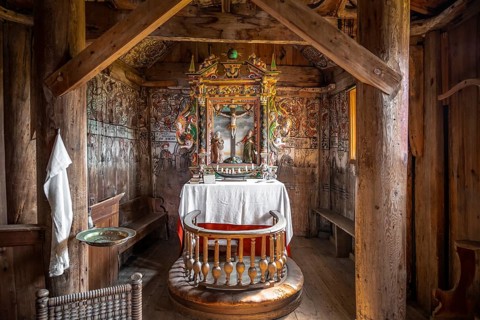 Interior and altar of the Urnes Stave Church
