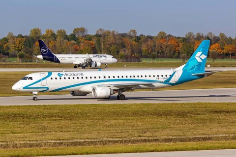 An Embraer ERJ 195 aircraft of Air Dolomiti with registration number I-ADJU at Munich Airport