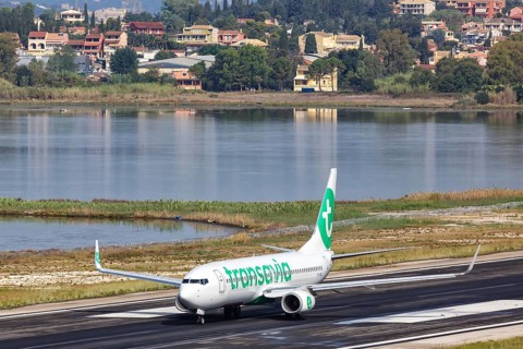 A Transavia Boeing 737-800 with registration number PH-HXJ at Corfu Airport