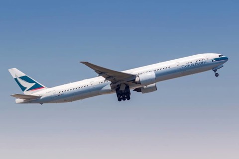 A Cathay Pacific Boeing 777-300ER aircraft with registration B-KPA at Hong Kong Airport