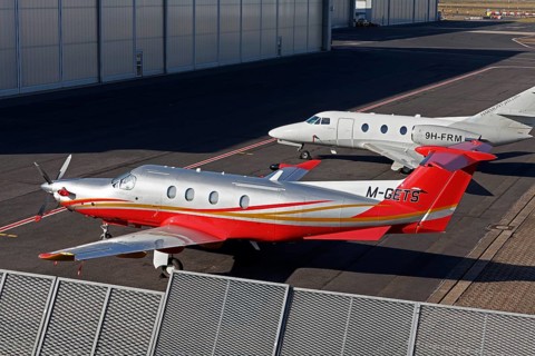 Pilatus PC-12/47E single-engine turboprop business jet at the Jet Aviation Executive Terminal