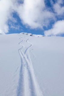Two lonely ski tracks in front of a blue sky