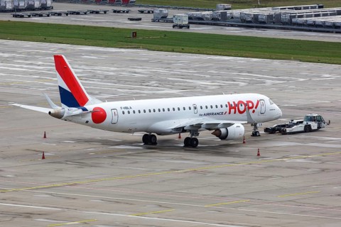 An Embraer 190 aircraft of Hop! Air France with registration F-HBLA at Zurich Airport