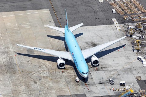 A Korean Air Cargo Boeing 777F with registration HL8044 at Los Angeles Airport