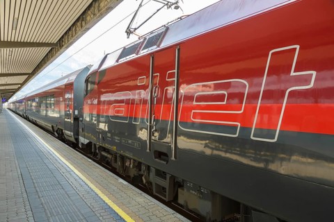OeBB RailJet logo train station Innsbruck main station in Austria Austrian Federal Railways