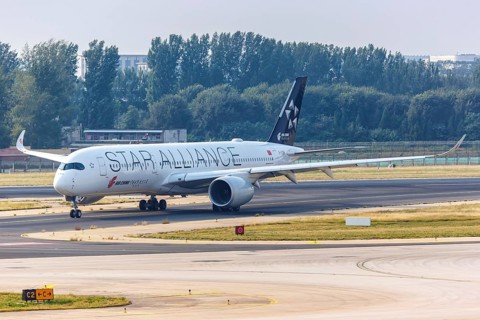 An Air China A350-900 aircraft with registration B-308M and European Starling Alliance special livery at Beijing Airport