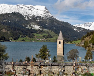 Tower of the parish church of St. Catherine in the Reschensee