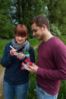 Researchers of the Biodiversity Group of the University of Duisburg-Essen labelling water samples at Grietherbusch in the Lower Rhine region