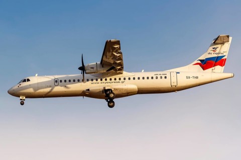 An ATR 72-500 aircraft of Sky Express with registration number SX-THR at Athens airport