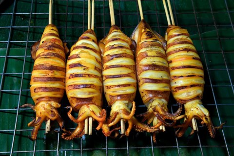 Grilled squid skewers
