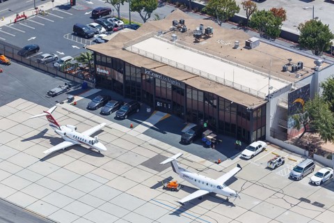 A Pilatus PC-12 aircraft of SurfAir with registration N817SA at Hawthorne Municipal Airport in Los Angeles