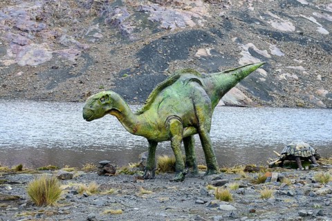 Life-size figure of a dinosaur at the highest site in the world