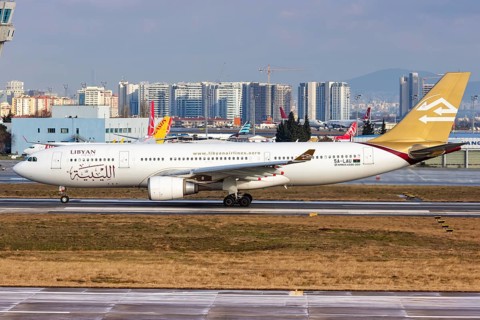 An Airbus A330-200 aircraft of Libyan Airlines with registration number 5A-LAU at Istanbul airport