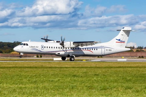 An ATR 72-500 aircraft of Luebeck Air with the registration SE-MDB at Stuttgart Airport