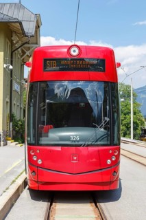 Portrait Stubaitalbahn Innsbruck tram Bombardier tramway local traffic at the stop Fulpmes