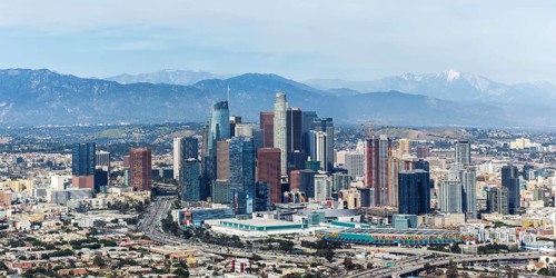 Downtown skyline city building panorama aerial view in Los Angeles