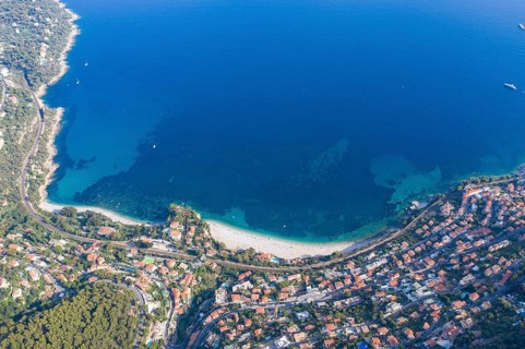 Aerial view of Roquebrune Cap Martin with the beaches Golfe Bleu and Buse west of Cap Martin and the Pointe de Cabbe