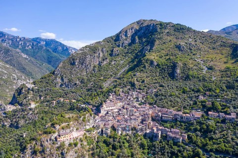 Aerial view of the mountain village of Saorge above the Roya valley on the road between Ventimiglia on the coast and the Col de Tende pass
