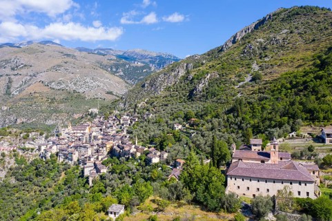 Aerial view of the mountain village of Saorge above the Roya valley on the road between Ventimiglia on the coast and the Col de Tende pass