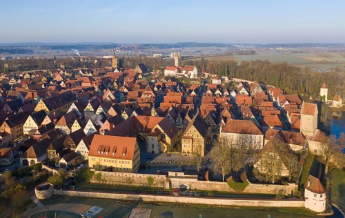 Aerial view of the medieval town of Dinkelsbuehl with hospital and Rothenburg Gate