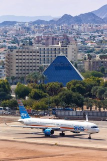 An Arkia Boeing 757-300 aircraft with registration number 4X-BAU at Eilat Airport