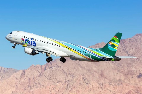 An Arkia Embraer 195 with registration 4X-EMA takes off from Eilat Airport