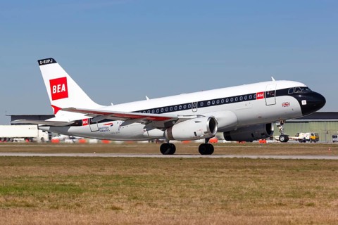 An Airbus A319 aircraft of British Airways with the registration G-EUPJ in the retro special livery takes off from Stuttgart Airport