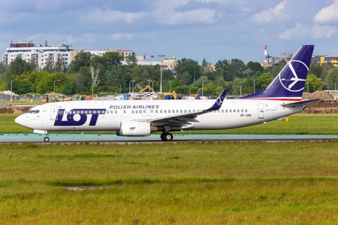 A Boeing 737-800 aircraft of LOT Polskie Linie Lotnicze with registration SP-LWD at Warsaw Airport