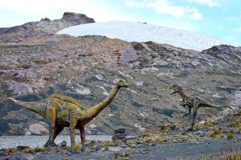 Life-size figure of a dinosaur at the highest site in the world